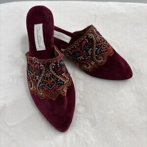 Vintage Oscar de la Renta Velvet Boudoir Slippers Boho Embroidery Slip On Mules